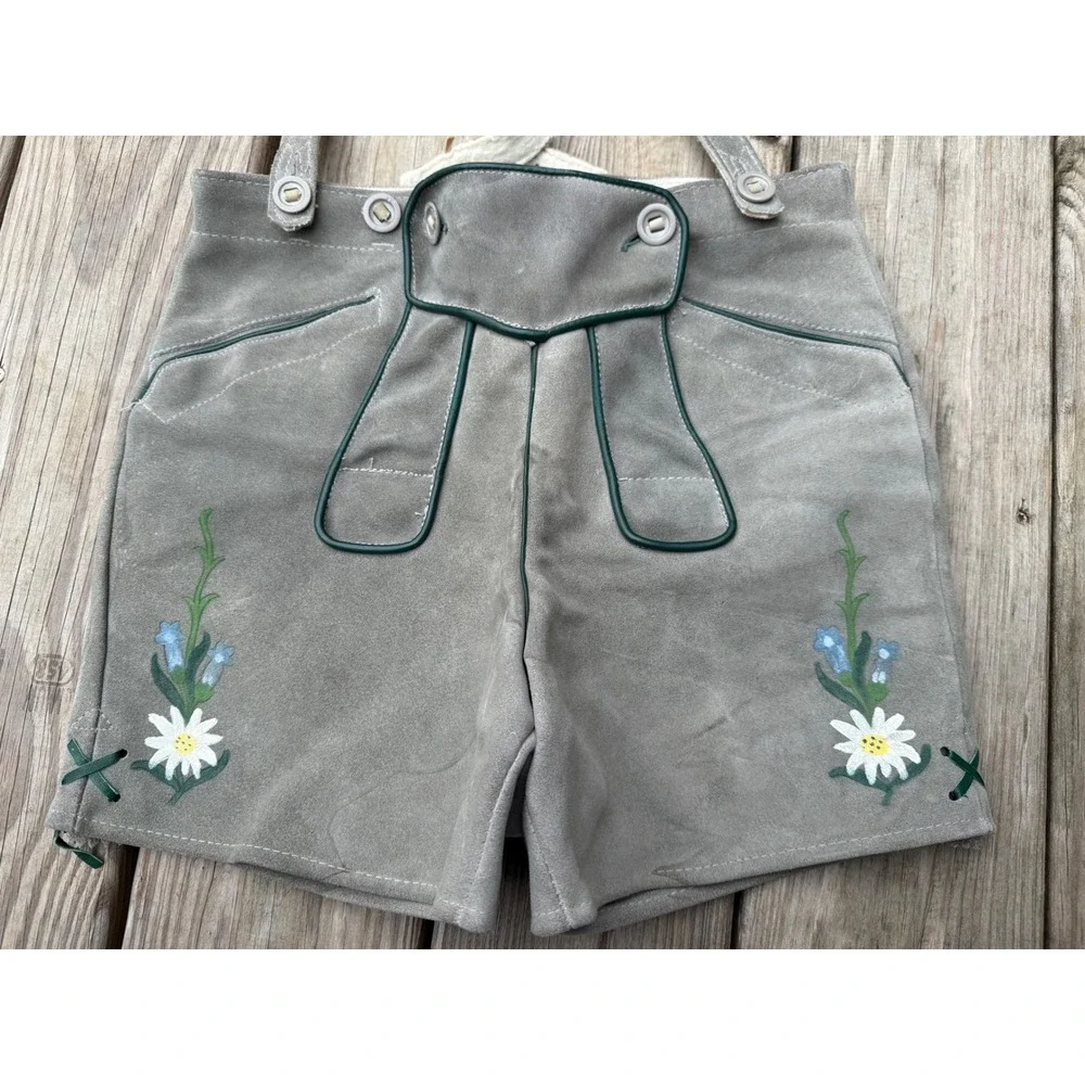 Genuine‎ Austrian Lederhosen Shorts Gray Green Embroidered Oktoberfest Size 12